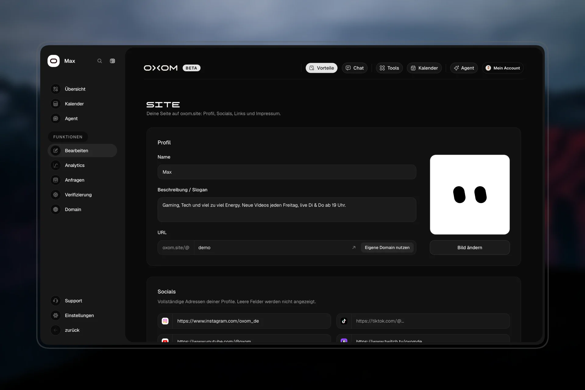 SITE in the workspace: edit profile, socials and links